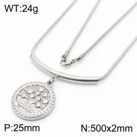 500mm Tree of Life Round Pendant Stainless Steel Necklace Snake Chain Silver Color