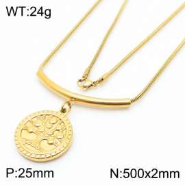 500mm Tree of Life Round Pendant Stainless Steel Necklace Snake Chain Gold Color