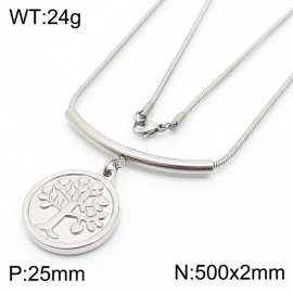 500mm Tree of Life Round Pendant Stainless Steel Necklace Snake Chain Silver Color