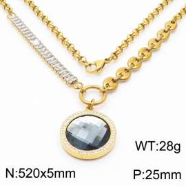 Zircon Stainless Steel Necklace O-Chain With Round Gray Pendant Gold Color