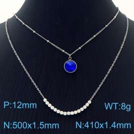 Double Layers Stainless Steel Necklace Link Chain With Blue Stone Pendant Silver Color