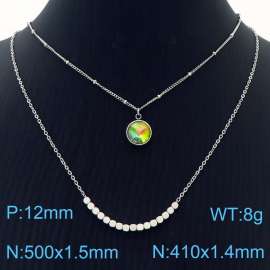 Double Layers Stainless Steel Necklace Link Chain With Green Yellow Stone Pendant Silver Color