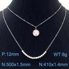 Double Layers Stainless Steel Necklace Link Chain With Pink Stone Pendant Silver Color