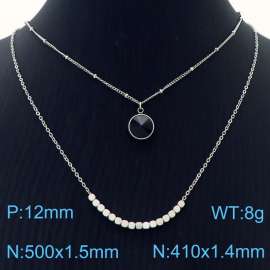 Double Layers Stainless Steel Necklace Link Chain With Black Stone Pendant Silver Color