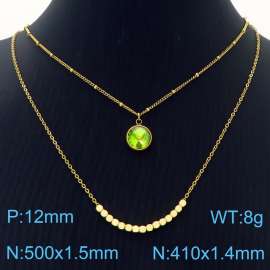 Double Layers Stainless Steel Necklace Link Chain With Green Stone Pendant Gold Color