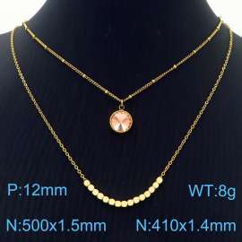 Double Layers Stainless Steel Necklace Link Chain With Orange Stone Pendant Gold Color