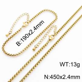2.4mm Stainless Steel Square Pearl Chain with Tail Chain Bracelet Necklace Set of Two