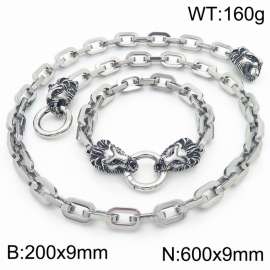 Personalized Cool Style Square Thread O-shaped Chain Lion Head Round Buckle Bracelet Necklace Set of Two
