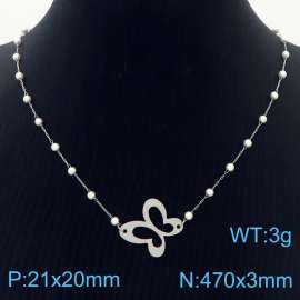 Stainless Steel Beads Necklace Link Chain With White Butterfly Pendant Silver Color