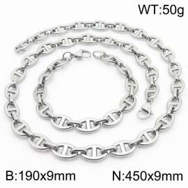 Silver Color 190x9mm Bracelet 450X9mm Necklace Lobster Clasp Pig Nose Link Chain Jewelry Set For Women Men