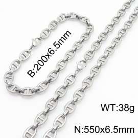 Silver Color 200x6.5mm Bracelet 550X4.5mm Necklace Lobster Clasp Pig Nose Link Chain Jewelry Sets For Women Men