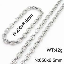 Silver Color 200x6.5mm Bracelet 650X4.5mm Necklace Lobster Clasp Pig Nose Link Chain Jewelry Sets For Women Men