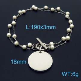 Double layer pearl chain circular pendant OT buckle stainless steel bracelet