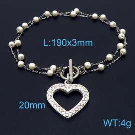 Double layer pearl chain hollow heart pendant OT buckle stainless steel bracelet