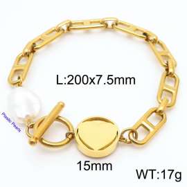 Japanese Character Chain Love Circle Pendant OT Buckle Pearl Gold Stainless Steel Bracelet