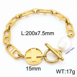 Japanese character chain cross round pendant OT buckle pearl gold stainless steel bracelet