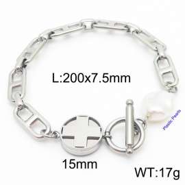 Japanese character chain cross round pendant OT buckle pearl steel color stainless steel bracelet