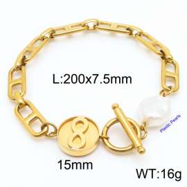 Japanese character chain 8-shaped round pendant OT buckle pearl gold stainless steel bracelet
