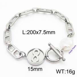 Japanese character chain 8-shaped round pendant OT buckle pearl steel color stainless steel bracelet