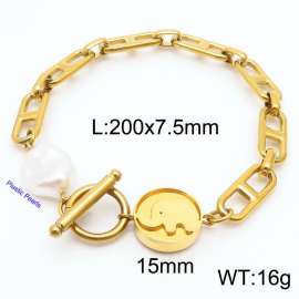 Japanese character chain elephant round pendant OT buckle pearl gold stainless steel bracelet