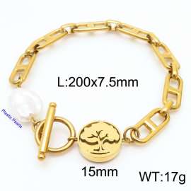 Japanese Character Chain Tree of Life Round Pendant OT Buckle Pearl Gold Stainless Steel Bracelet