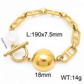 Japanese character chain half round pendant OT buckle pearl gold stainless steel bracelet