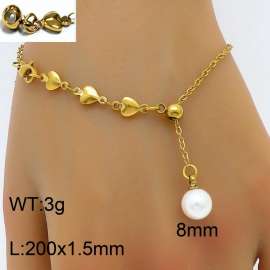 Splicing Love Chain Pearl Pendant Adjustable Gold Stainless Steel Bracelet