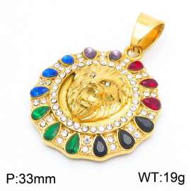 Vintage Style Colorful Cubic Zircon Pendant 18k Gold Plated Stainless Steel Round Lion Pendant