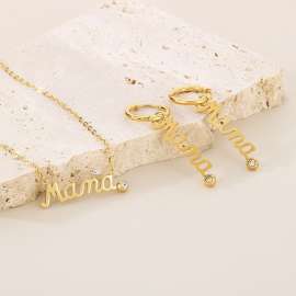 Mama pendant with diamond inlaid collarbone chain, titanium steel necklace, earrings, Mother's Day gift set