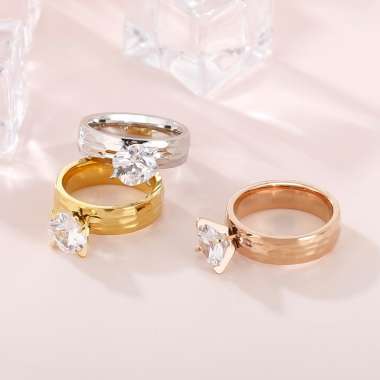 Simple stainless steel striking texture zircon women's textured wedding Stone&Crystal Ring
