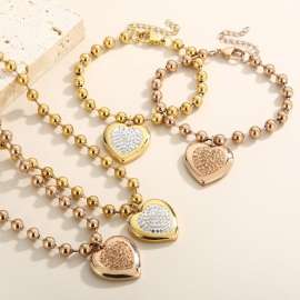 6mm Beads Chain Jewelry Set Stainless Steel Bracelet & Necklace With Heart Charm Silver Color