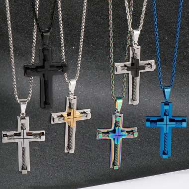 Men's hip-hop stainless steel personalized steel wire cross pendant