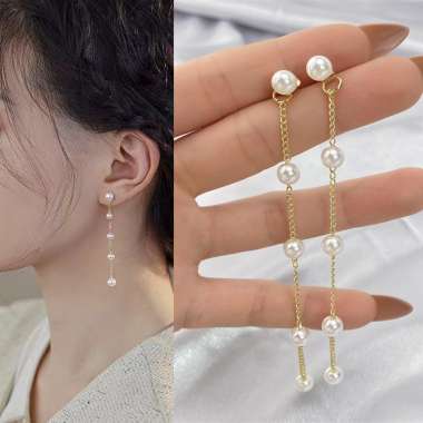 Stainless steel imitation pearl long chain earrings