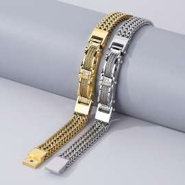 European and American fashion creative personality thick chain with diamond inlaid men's silver bracelet