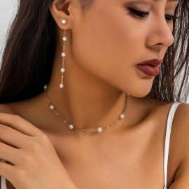 Stainless steel imitation pearl earring necklace set