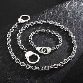 Silver Color O Link Chain Stainless Steel Handcuff Lock Necklace Bracelets Jewelry Sets