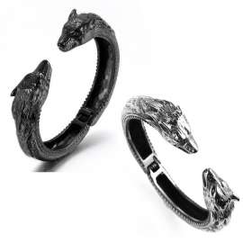 Stainless steel black cast punk style wolf head spring opening adjustable men's bracelet Bangle