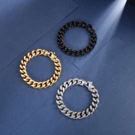 Trendy men's four sided polished stainless steel Cuban chain bracelet