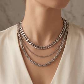 Stainless steel Trendy Hip Hop Simple Triple Strap Cuban Necklace Fried Dough Twists Chain